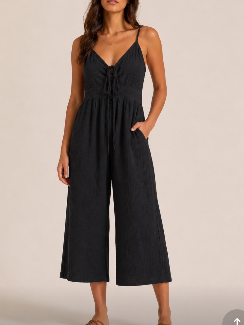 Suboo black wide leg crop cut out tie resortwear jumpsuit US SZ 4 cotton gauze